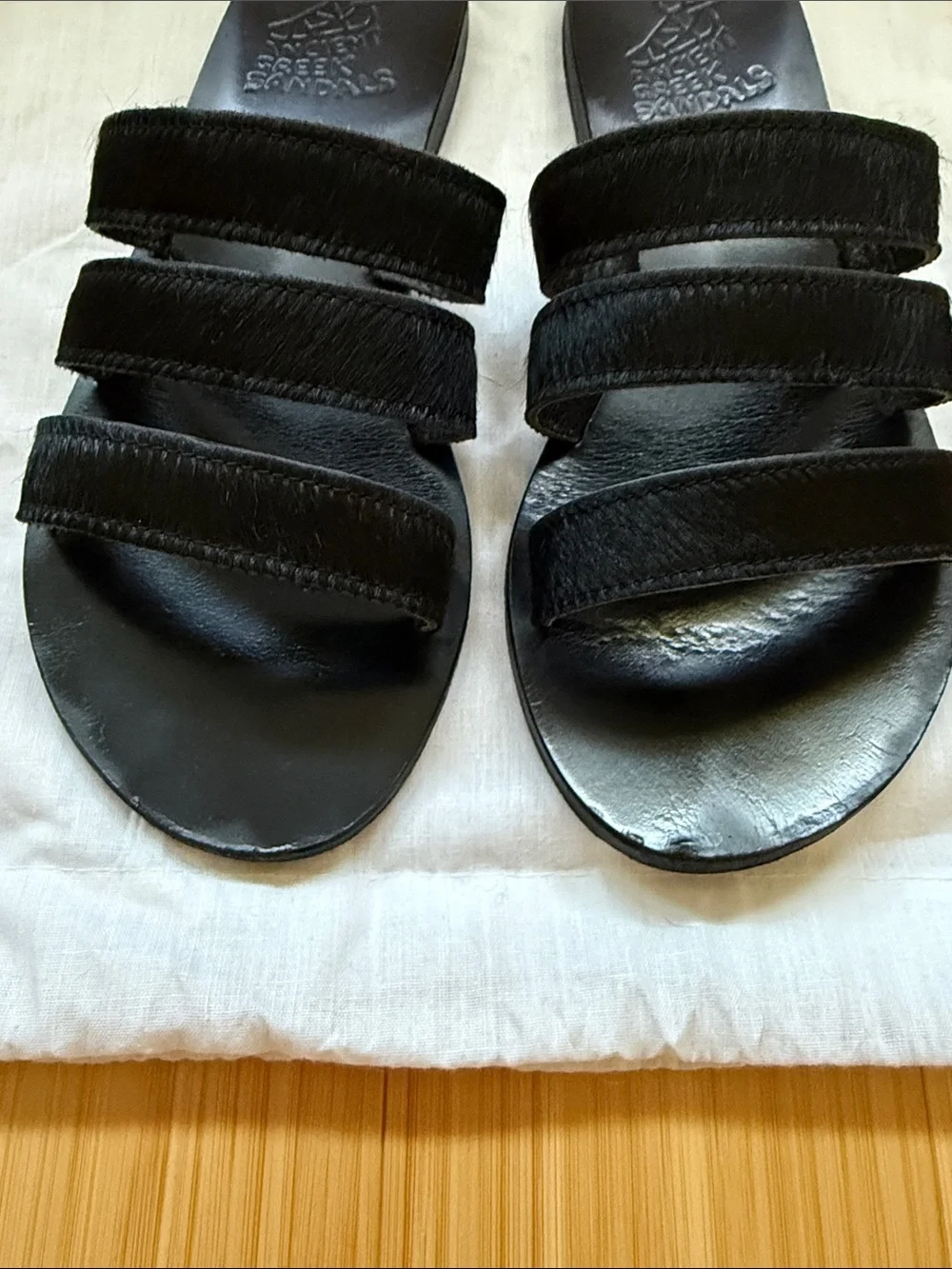 Ancient Greek Sandals black pony hair slides size 37